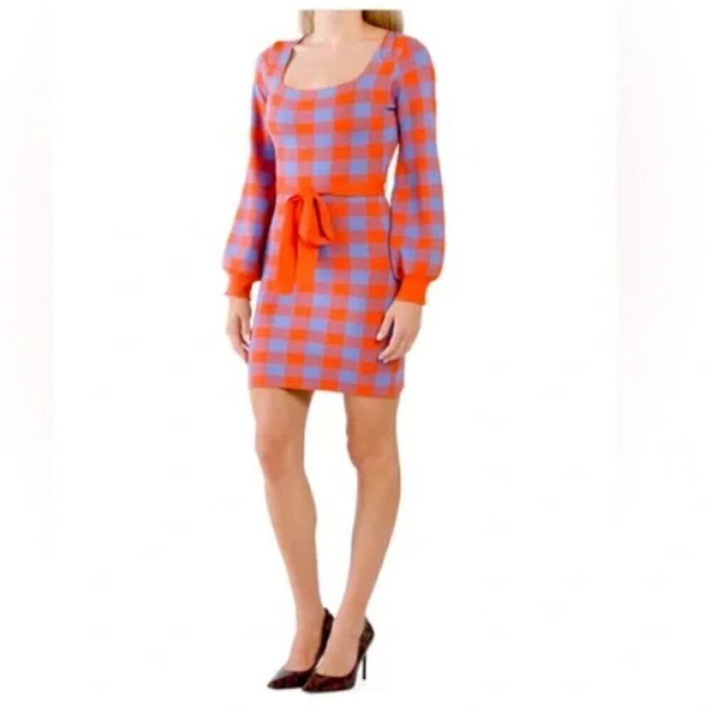 4SI3NNA Blue &Orange Checkered Plaid Tight Knit Long Sleeve Sweater Dress Size S